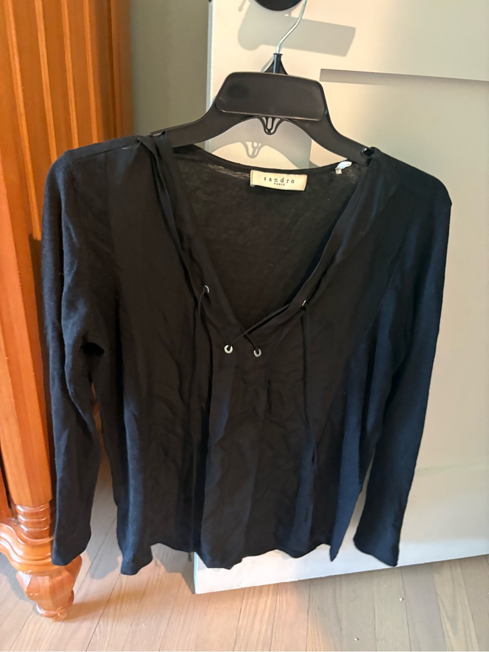 Sandro Black Lace-Up V-Neck Long Sleeve Top